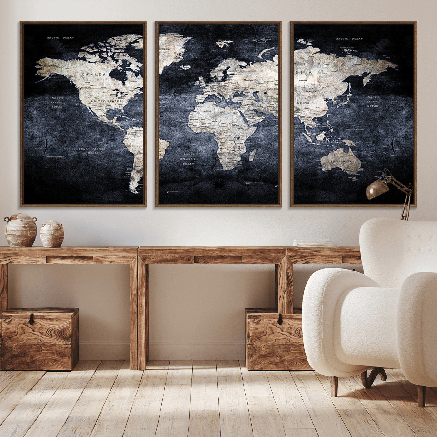 82598-MGV-CV-36X24-Modern Dark World Map Canvas Print – Framed Push Pin Wall Art, Elegant Travel Map Decoration for Home Office or Living Room Decor
