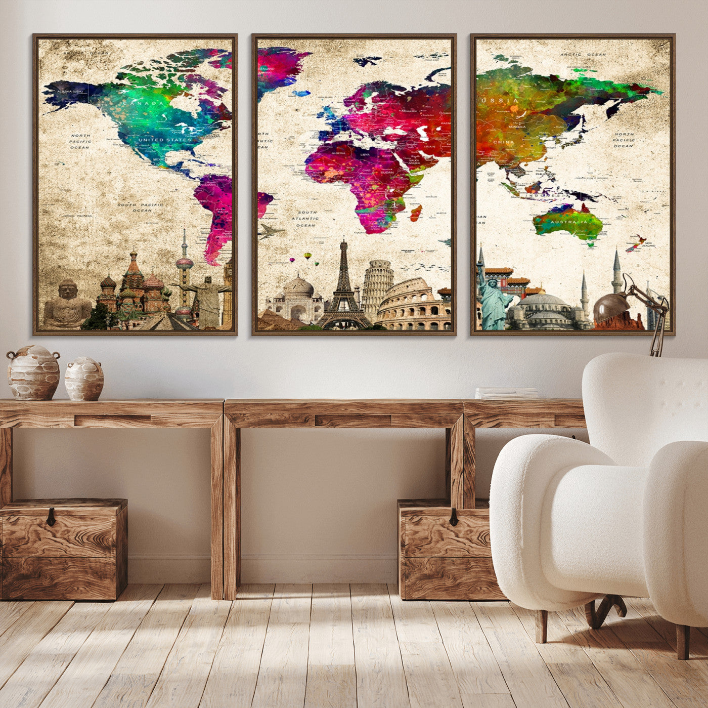 MGV-FC-60X30-3P - Push Pin World Map Canvas Print – Framed Wall Art for Couples to Track Their Travels – Anniversary