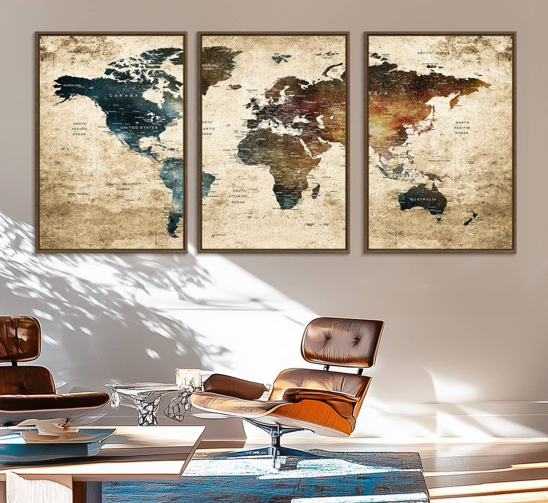 Vintage World Map Canvas Wall Art, perfect for antique-style decor, displayed against a light wood wall.