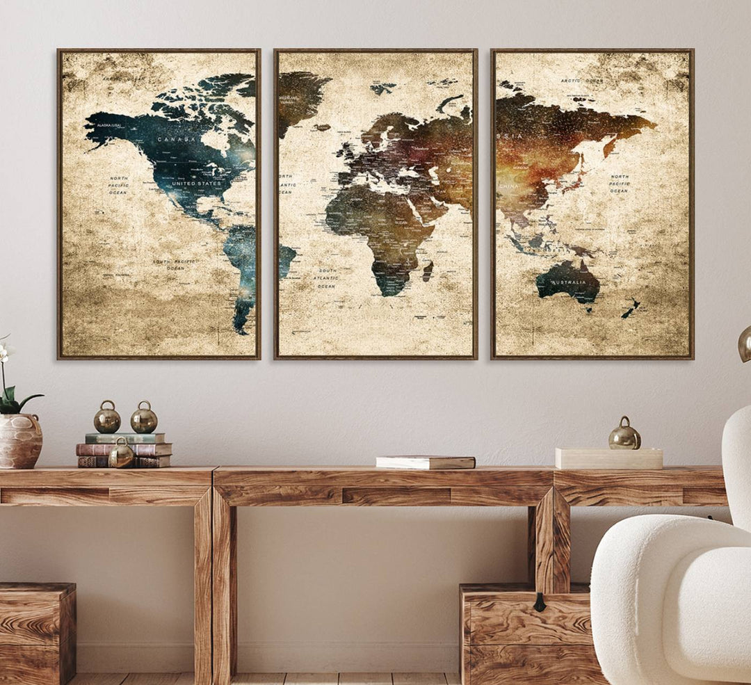 Grunge World Map Canvas featuring earth-toned continents, suitable for study, office, or living room.