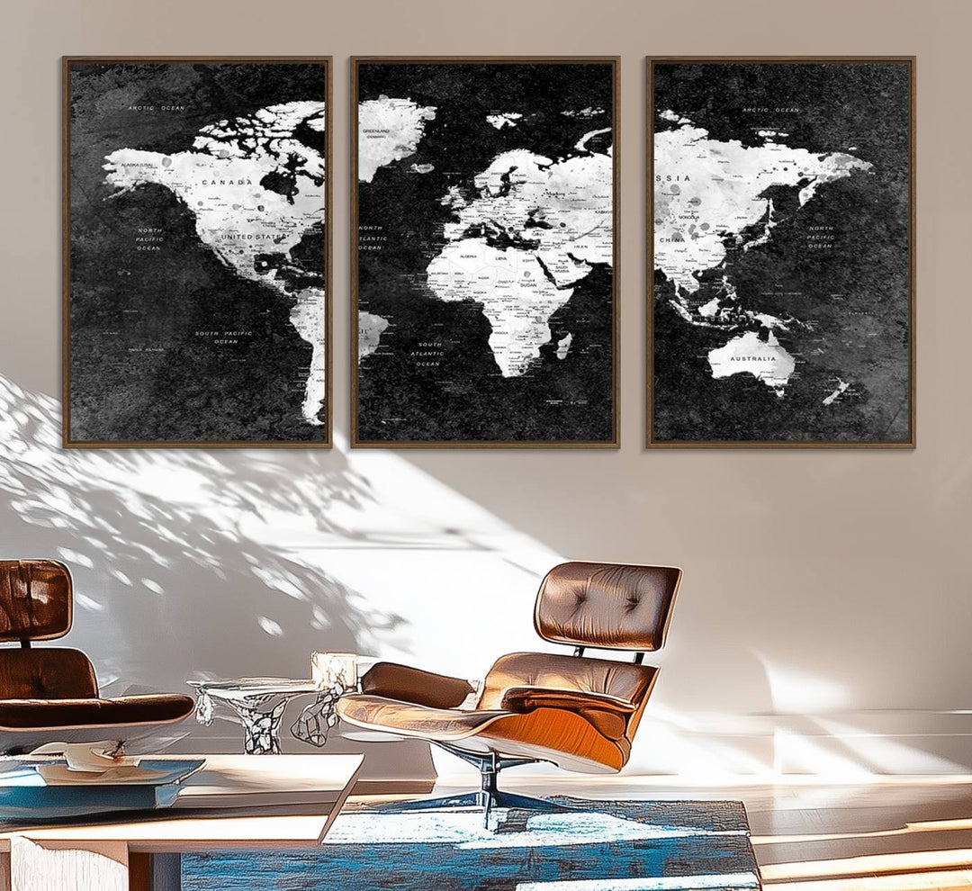 The dining room features a Modern Grayscale World Map 3-Panel Canvas Art as its focal point.