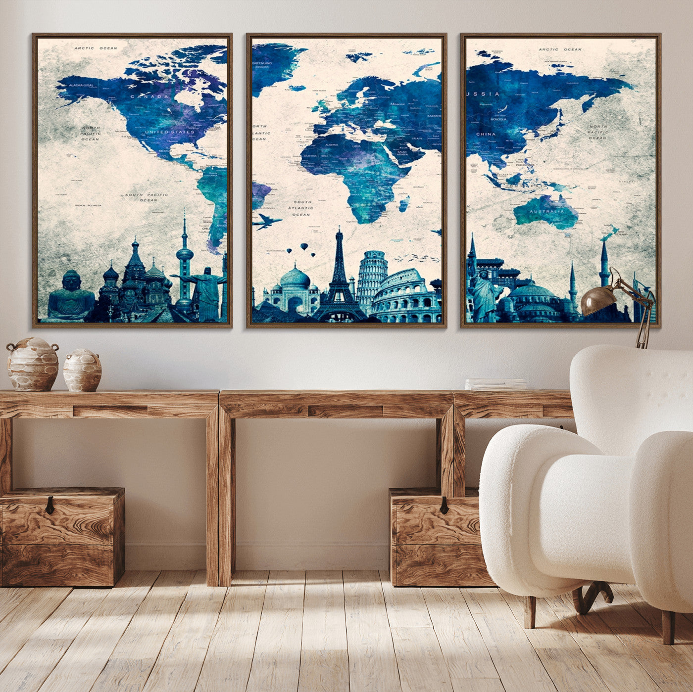 13588-MGV-CV-36X24-Navy Blue World Map Canvas Print – Framed Push Pin Travel Map Wall Art, Elegant Adventure Decor for Home or Office