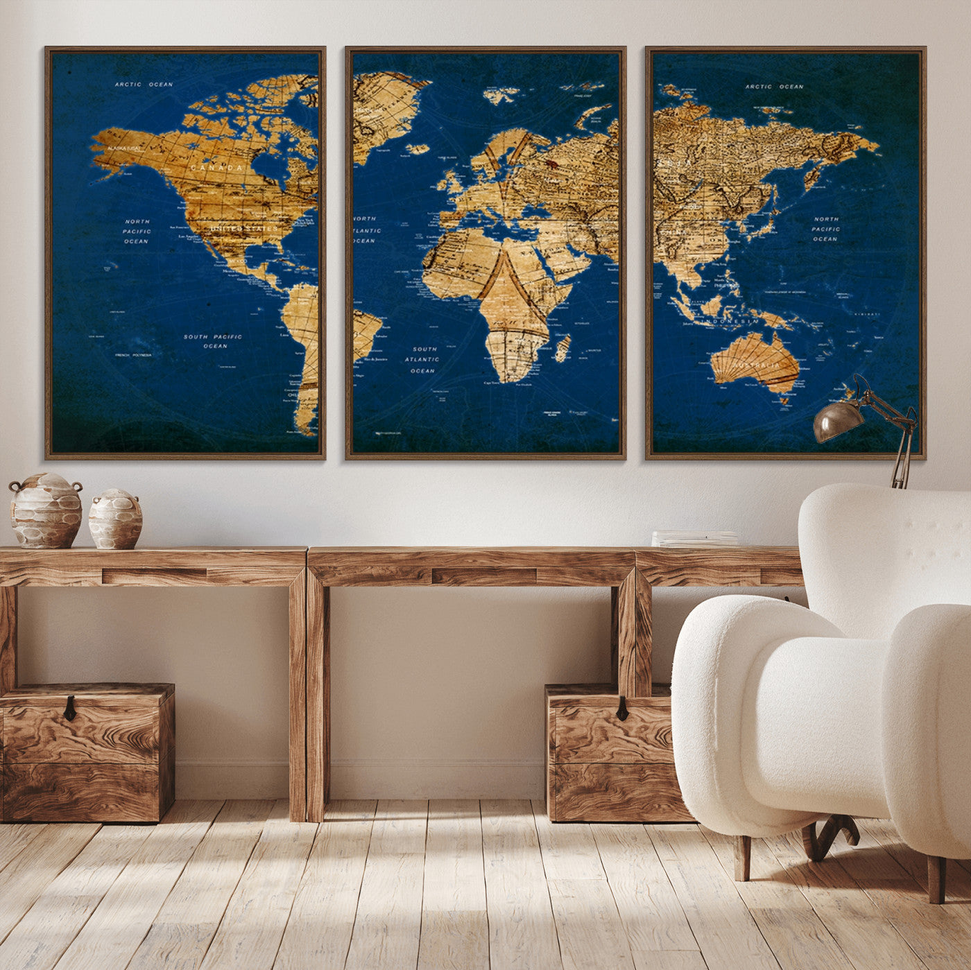 50845-MGV-CV-36X24-Navy Blue and Gold World Map Canvas Print – Framed Luxury Push Pin Wall Art, Elegant Vintage Travel Map Decor for Home or Office