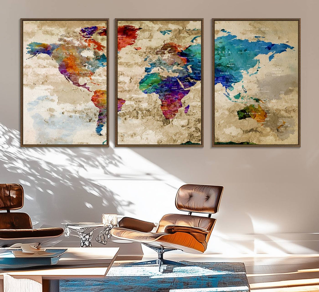 An Abstract Large Watercolor World Map Canvas Print hangs prominently.