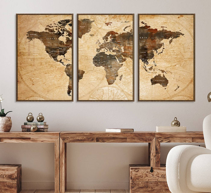 Vintage World Map: 3-Panel Canvas Print in antique rustic style. Framed and gallery wrapped. Ideal for decor.
