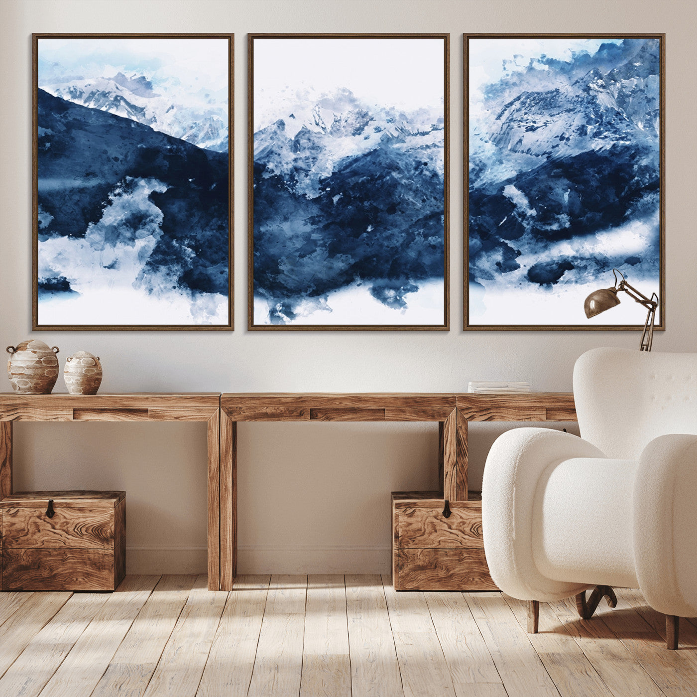 81700-MGV-CV-36X24-Abstract Blue Mountain Canvas Wall Art – Modern Triptych Landscape Print – Contemporary Nature Decor for Living Room or Office – Ready to