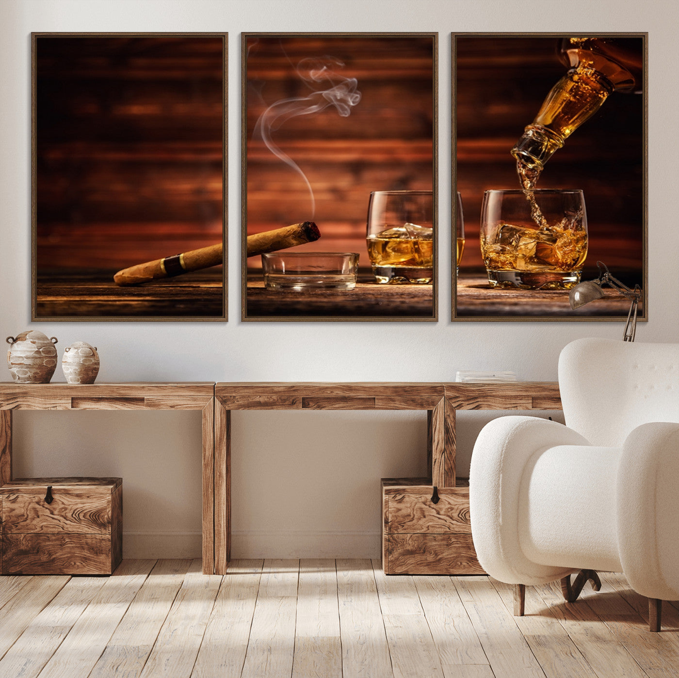 91042-MGV-FC-60X30-3P_Walnut-Whiskey and Cigar Wall Art Canvas | 3 Panel Bar Room Decor for Home Lounge, Office, or Man Cave |