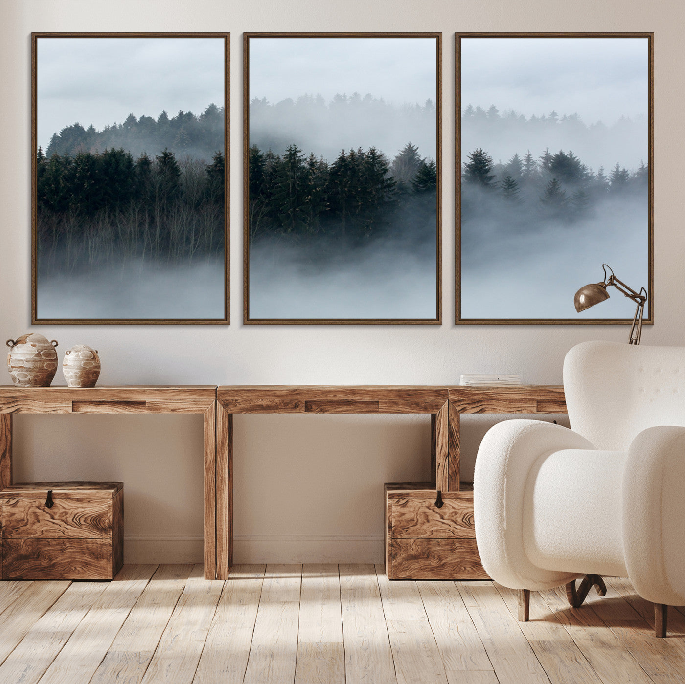 42596-MGV-CV-36X24-Autumn and Misty Trees in the Forest Wall Art Canvas Print, Foggy Forest Mountain Wall Art Canvas