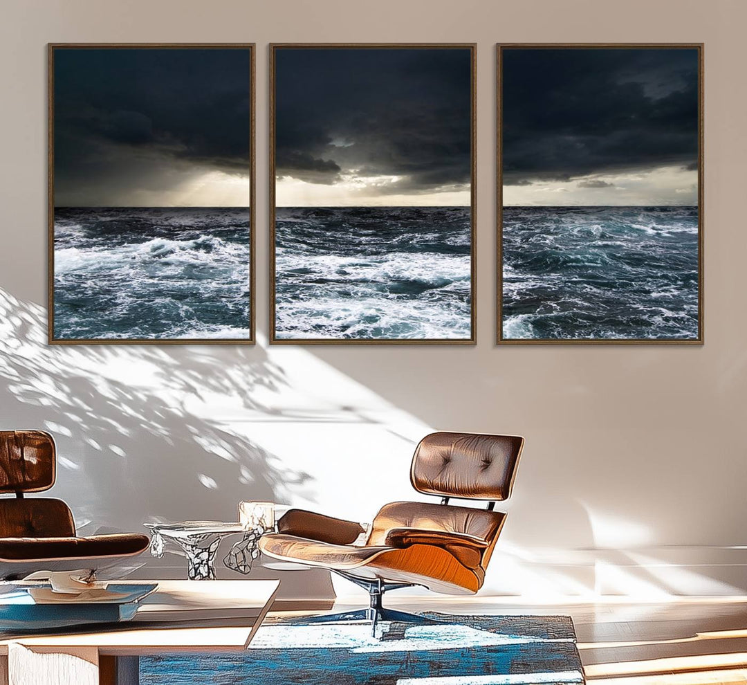 A Dark Clouds Stormy Sea canvas print, ready to hang, enhances the room.