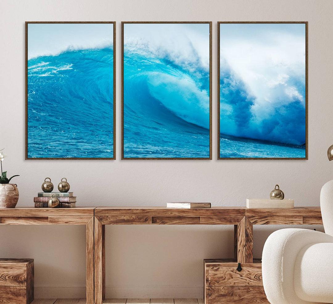 A museum-quality canvas depicting a vibrant blue ocean wave with white foam under a clear sky.