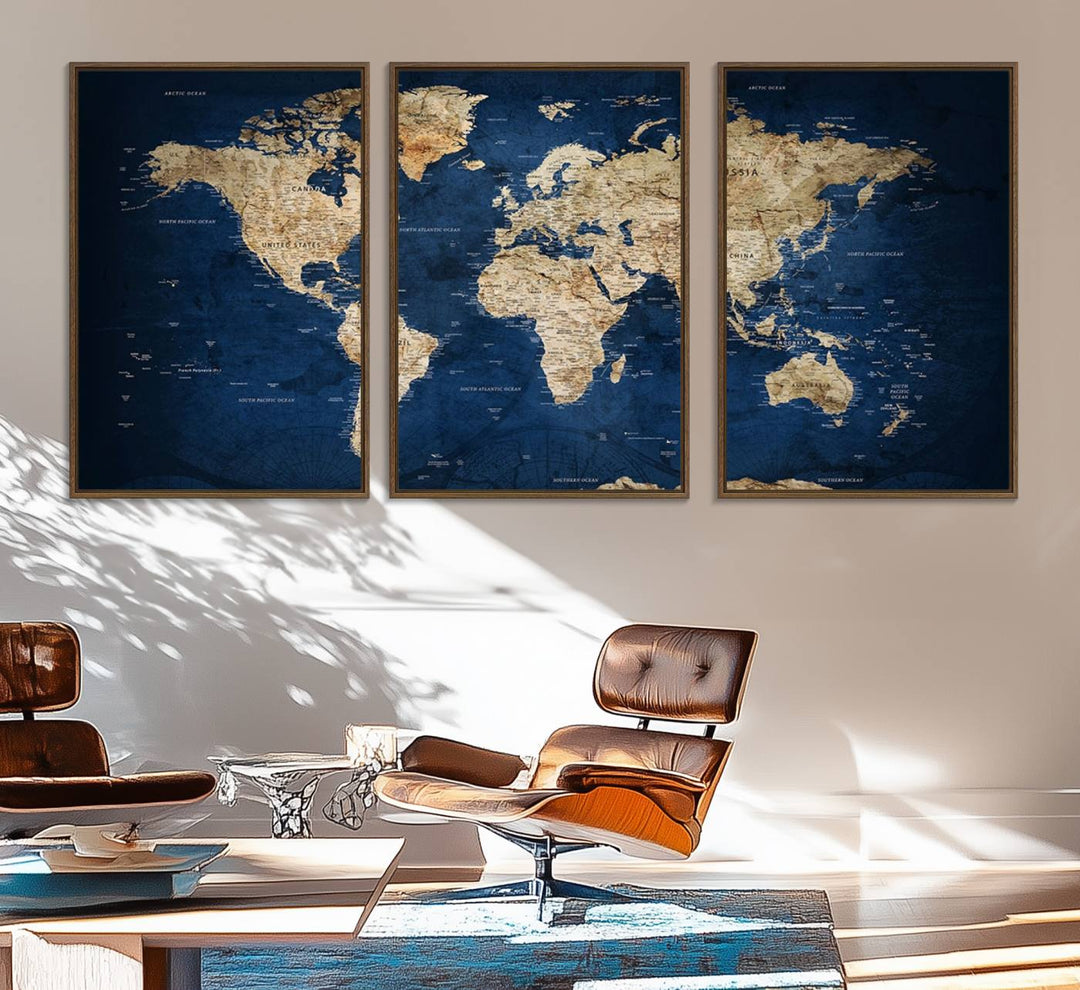 Classic Vintage Blue World Map Canvas Print featuring beige continents against a deep blue background.