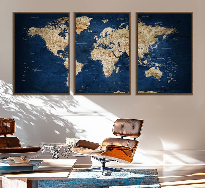 Classic Vintage Blue World Map Canvas Print featuring beige continents against a deep blue background.