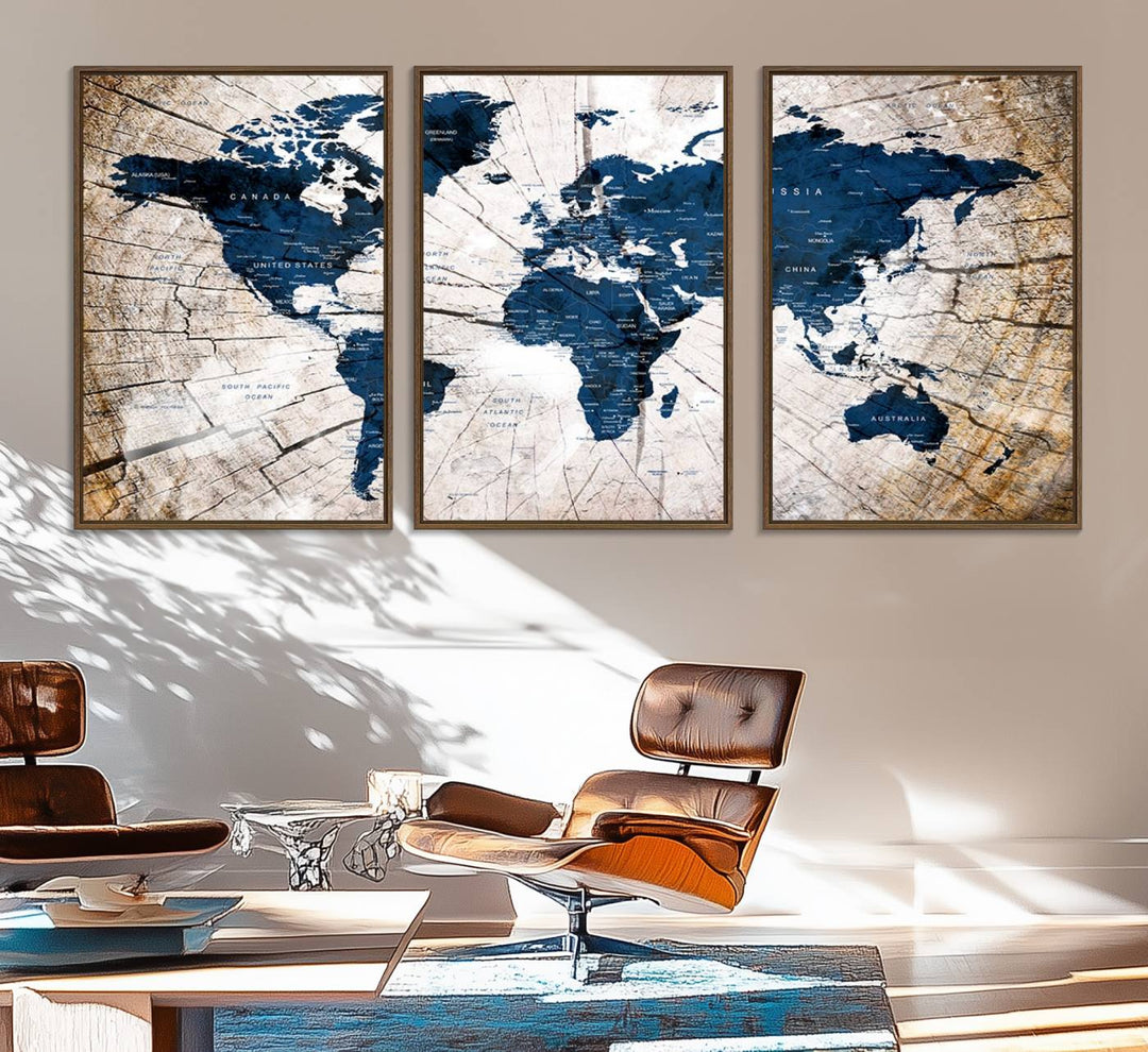 The Vintage World Map on Grunge Background Canvas serves as the focal point of the room.