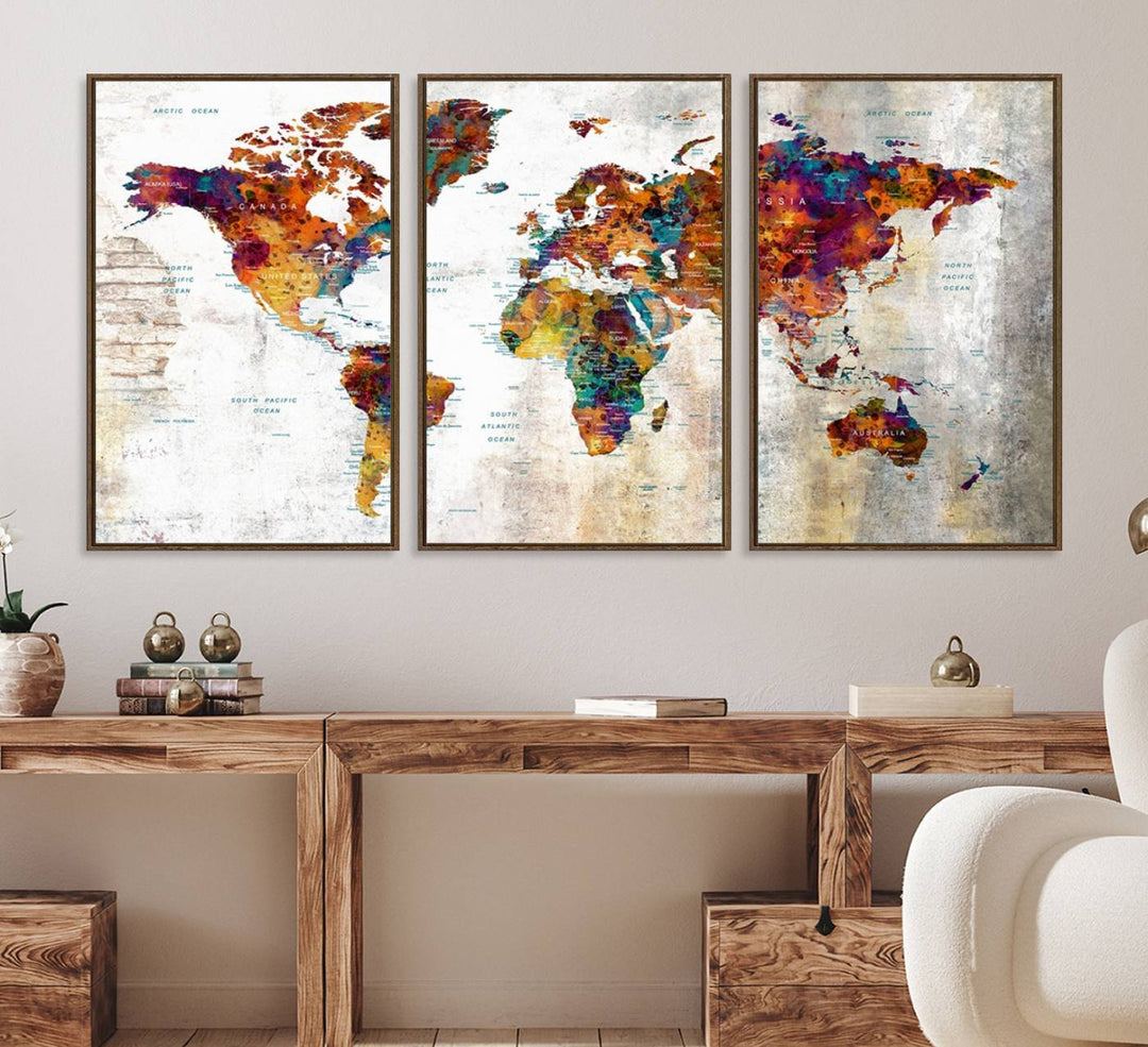 A vibrant Grunge Map Canvas Wall Art Set (3 Panels) for home or office decor, perfect for travel enthusiasts.