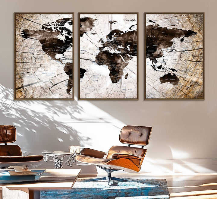 The Tree Ring World Map Canvas hangs above the table, blending into the nature-inspired setting.