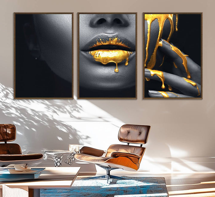 The Gold Lips and Black Woman Makeup Canvas Print features a chic monochrome face design, making it ideal for a modern dining room.