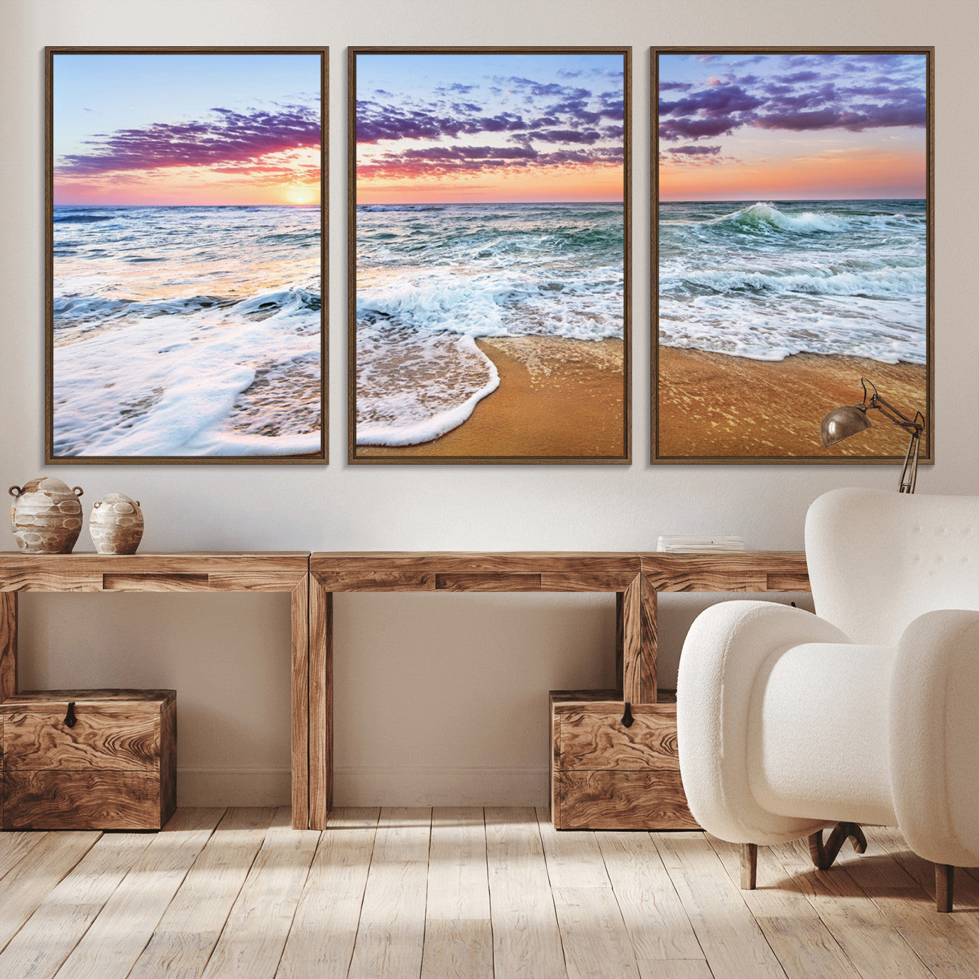MGV-FC-60X30-3P - Coastal Sunset Art Beach Canvas Wall Art Print | Ocean Waves Wall Art | Large 3-Panel Seascape for