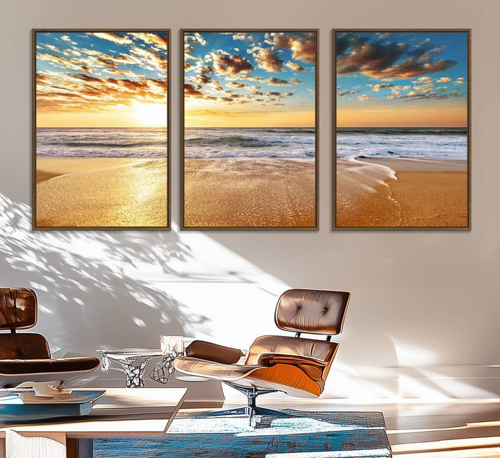 A gallery-wrapped canvas titled Soothing Sunset on Calm Beach is featured.