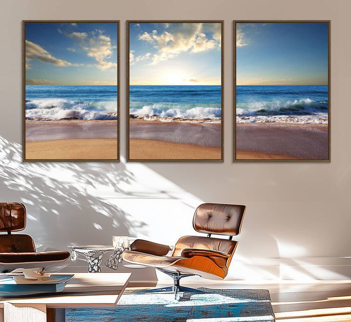 The dining room features a Coastal Tropical Beach Sunset canvas wall art.