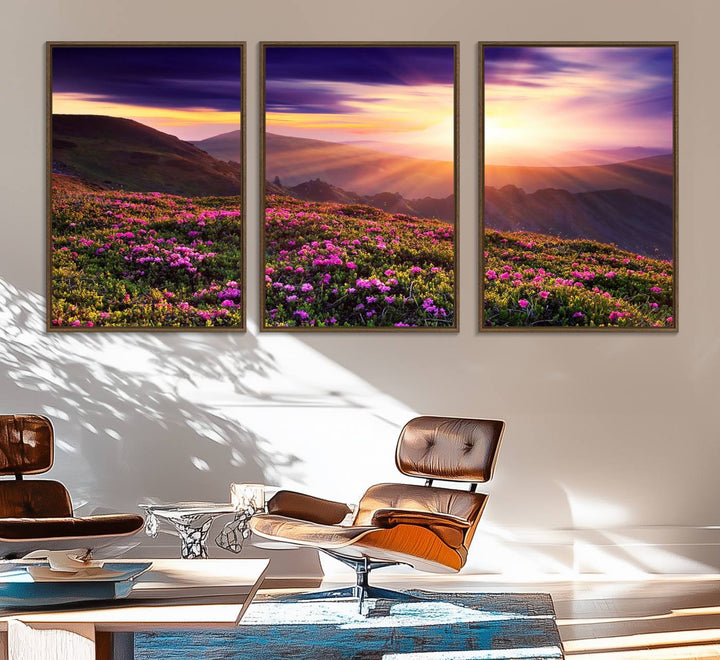 Gallery-wrapped wall art of a stunning mountain sunset and purple flowers.