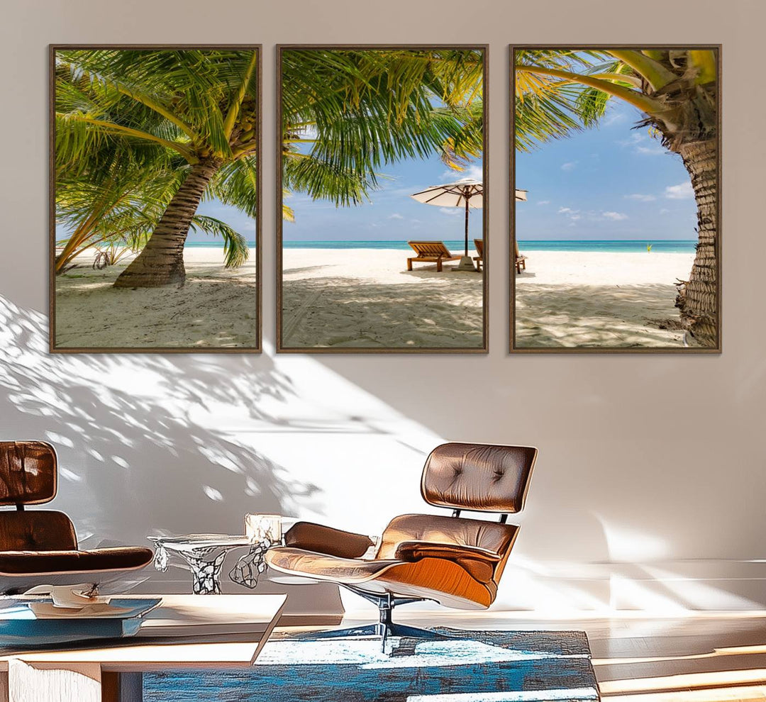 The canvas art print titled Lounge Chairs Palm Trees on Tropical Beach offers free shipping.