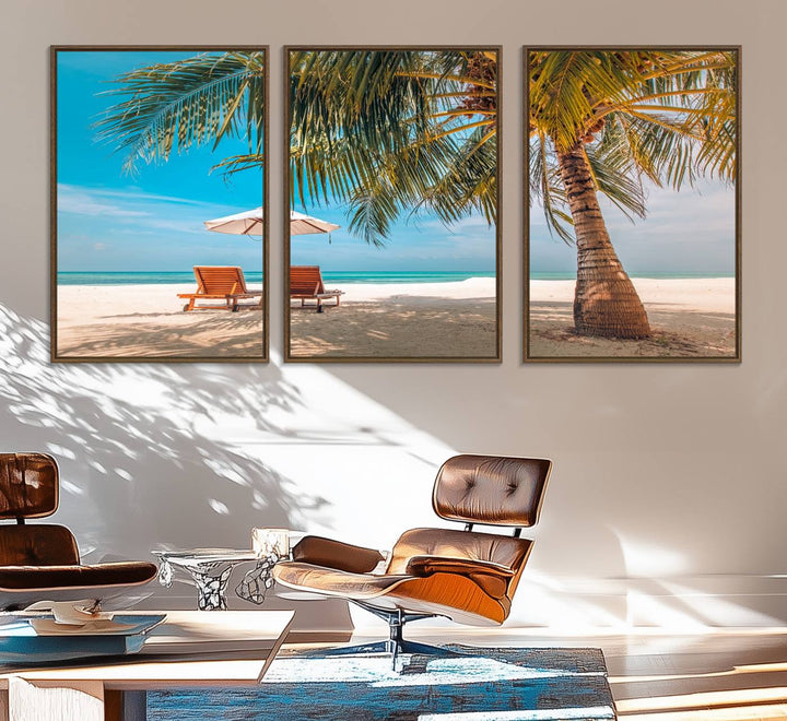 The 3-panel Tropical Beach Wall Art features palm trees and sun loungers, perfect for coastal decor.