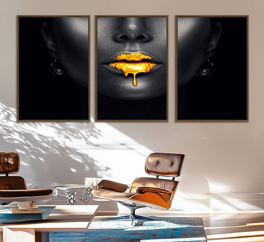 The Honey Gold Lips and Black Woman Photograph canvas print adds a striking touch to the room.