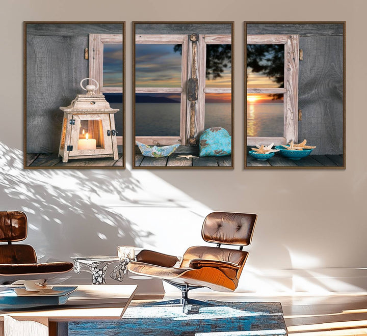 The Astonishing Sunset from the Window canvas print beautifully captures a sea view, accompanied by a lantern and starfish.