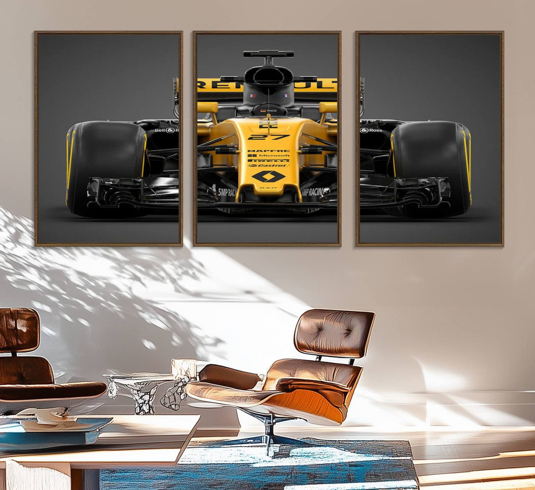 A yellow and black F1 Renault car canvas print with free shipping.