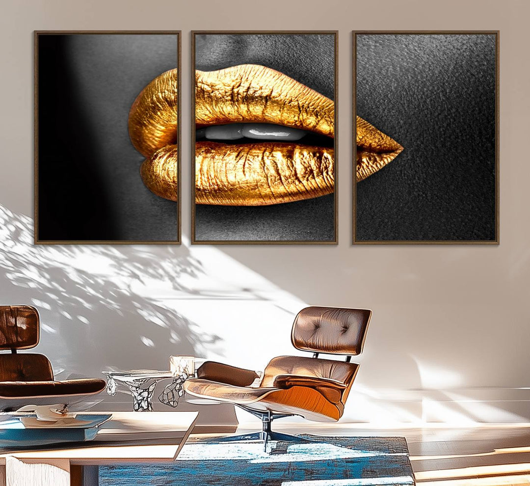 The Gold Lips Canvas Wall Art on a black background is showcased.