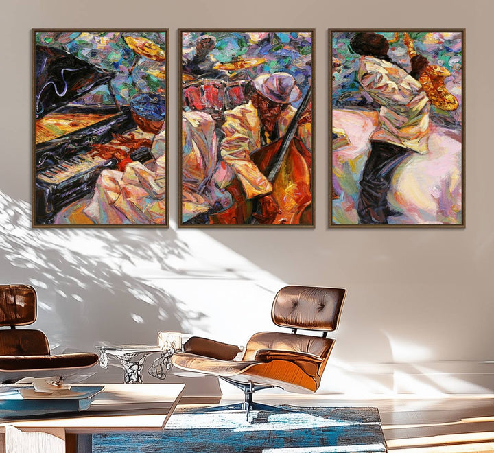 The wall features an African American Jazz Art Music Abstract Painting on Canvas.