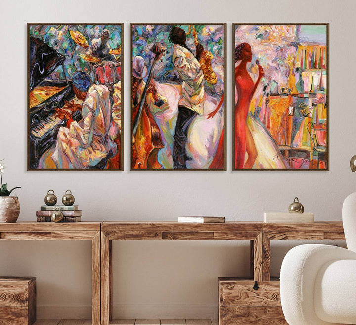 The Abstract Afro American Jazz Canvas captures a vibrant jazz band and showcases a woman dancing in red, making it perfect for dining or music spaces.