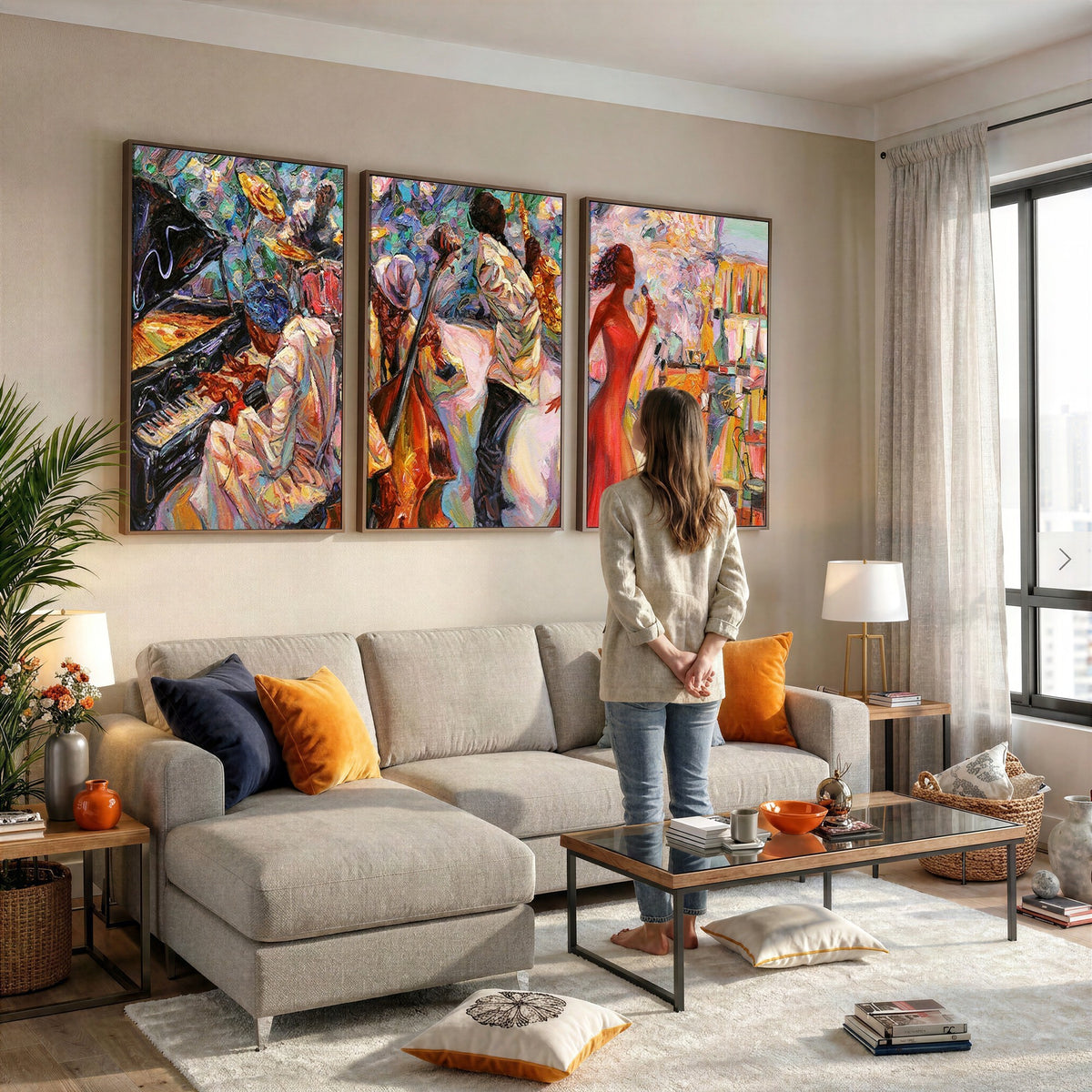 40574-_Poster-30x20 - Afro American Jazz Band Canvas Wall Art | 3 Panel Music Studio Decor