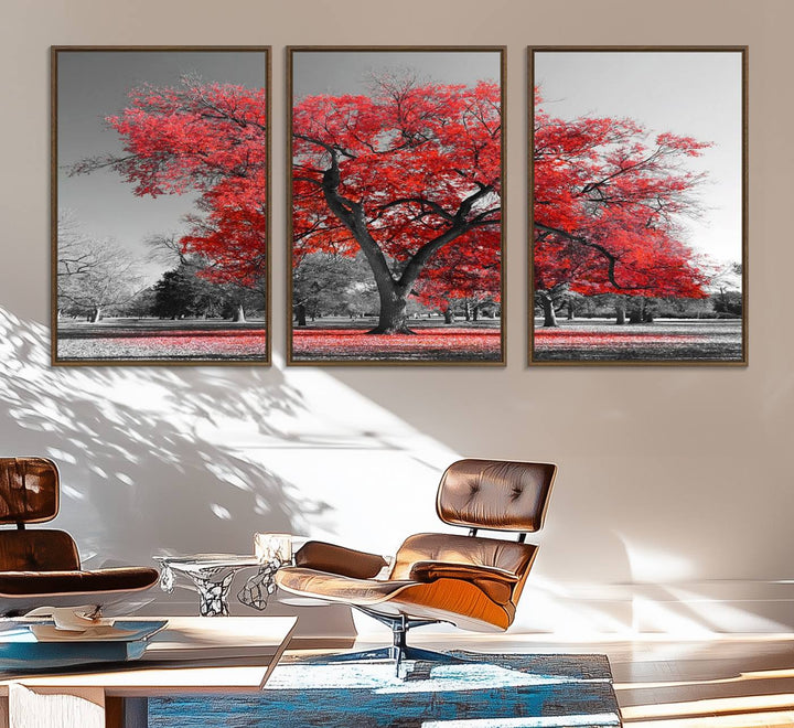 A Red Autumn Tree Canvas Wall Art Print of red leaves.