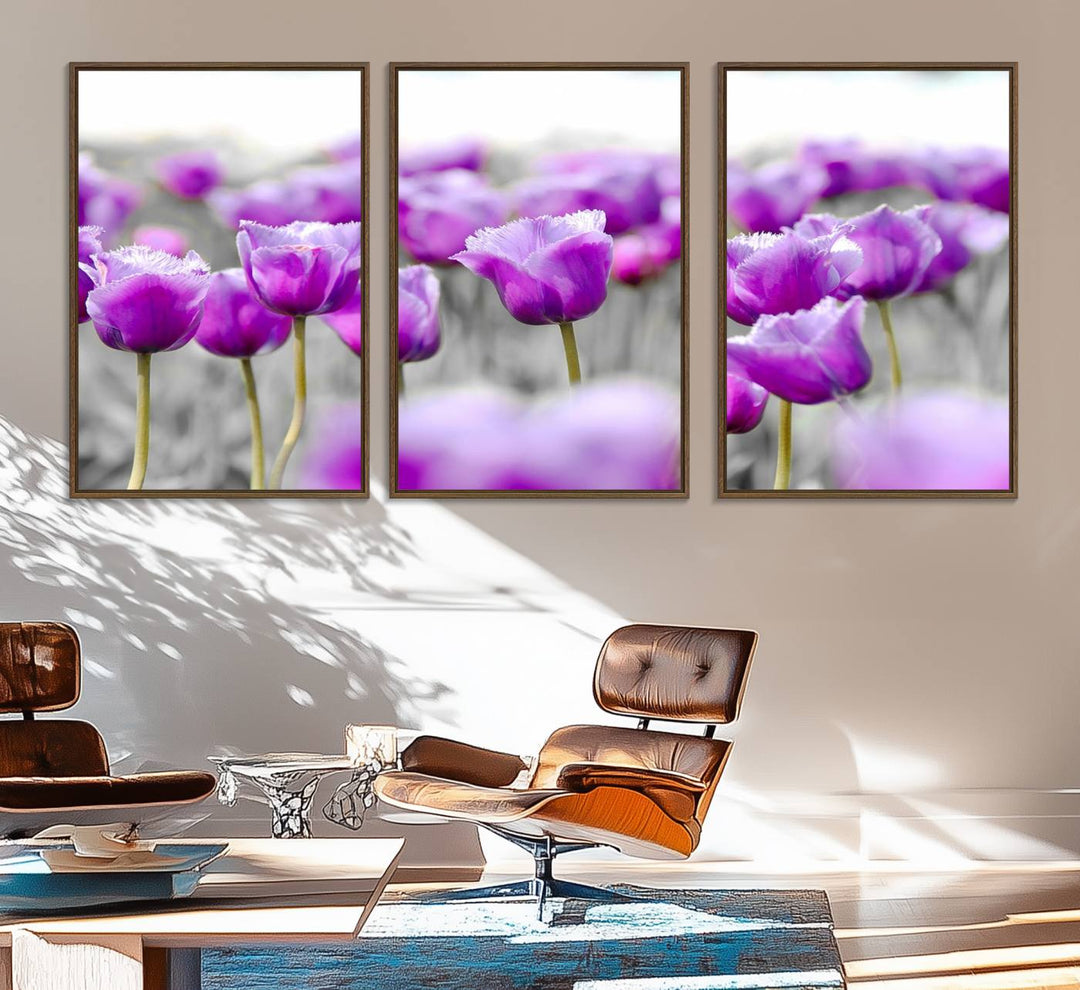 A gallery-wrapped Tulip Fields canvas wall art in a vivid purple hue.