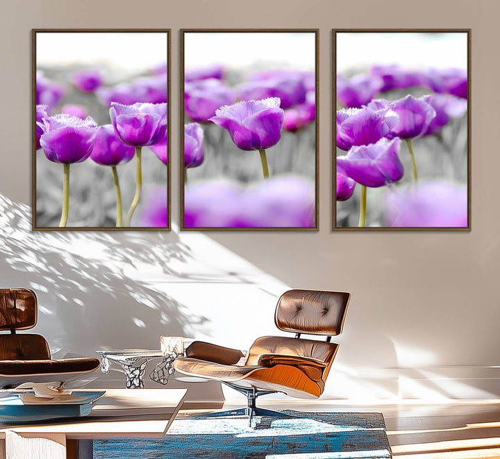 A gallery-wrapped Tulip Fields canvas wall art in a vivid purple hue.