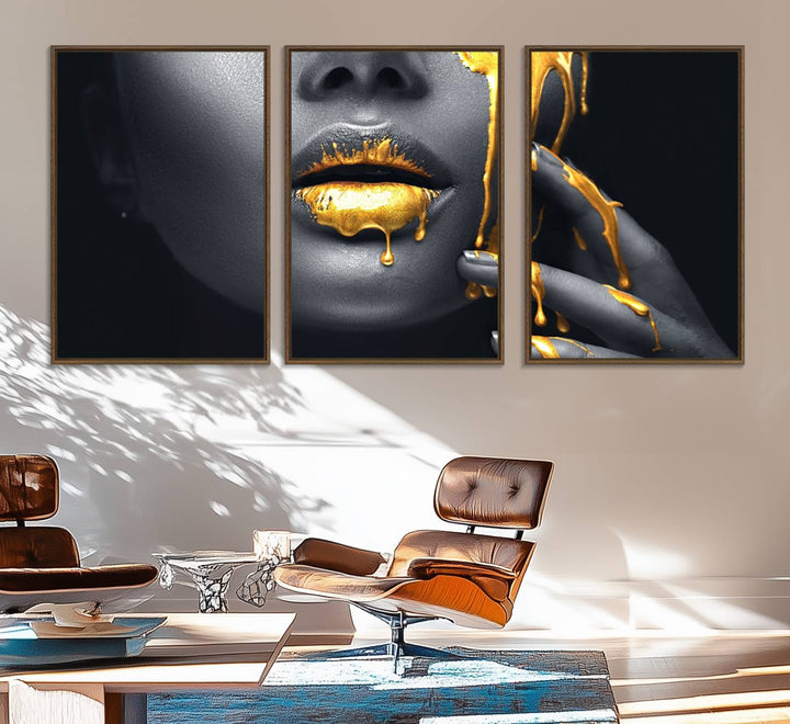 Above the dining area is the Gold Glitter Lips Fashion Makeup canvas wall art.