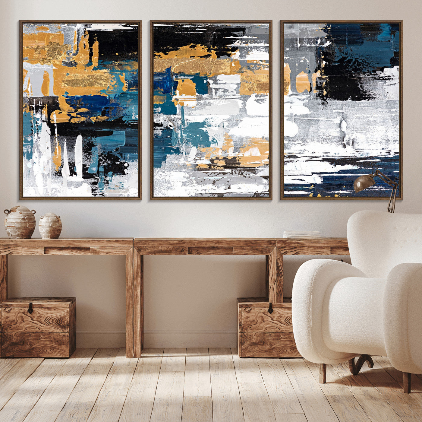 -Blue and Gold Abstract Canvas Wall Art – Triptych Modern Painting for Living Room – Framed and Ready