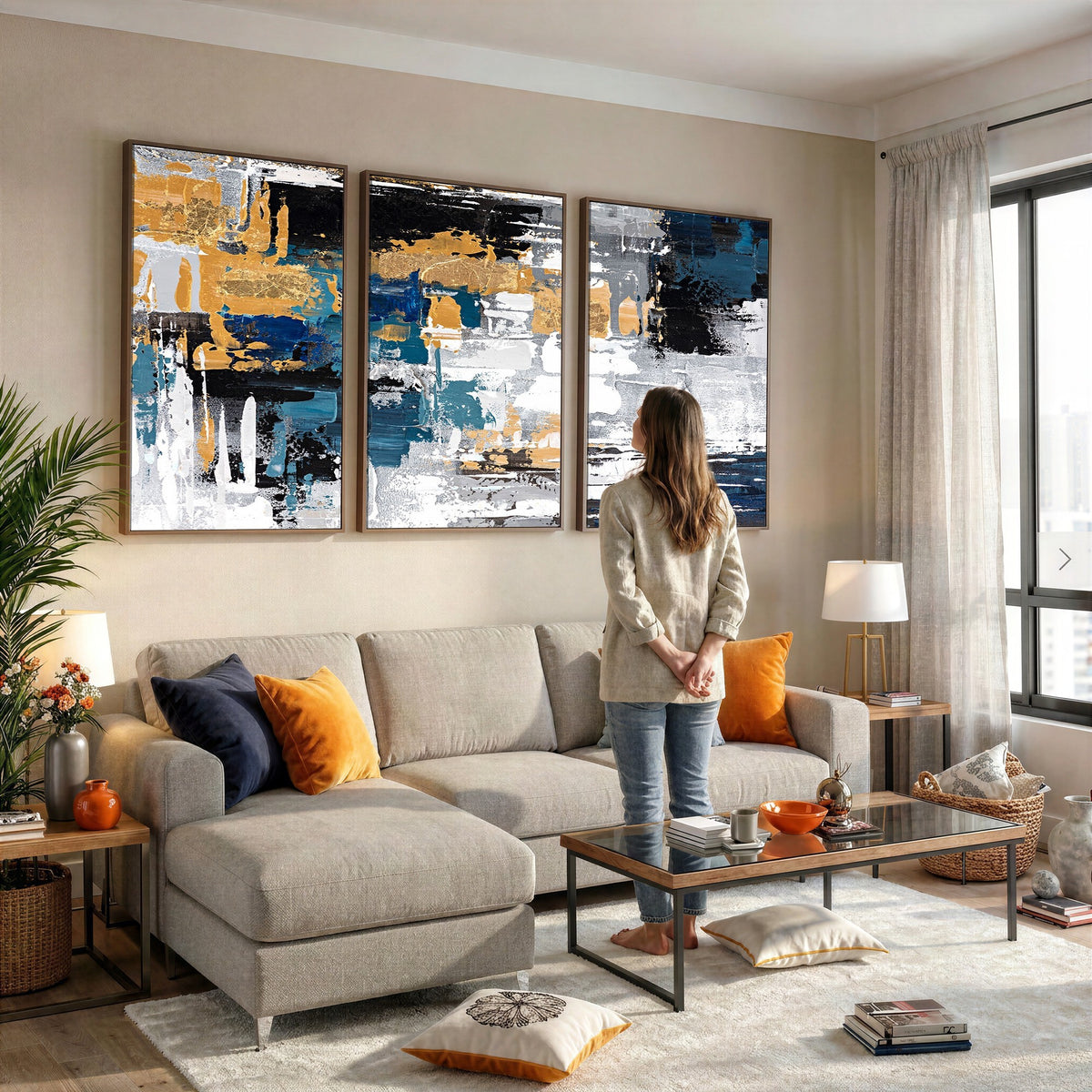 57708-_Poster-30x20 - Blue and Gold Abstract Canvas Wall Art | Triptych Modern Art Print