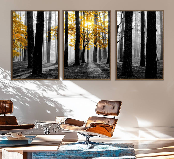 Nature Misty Foggy Autumn Forest Wall Art Print displayed above a modern dining room.