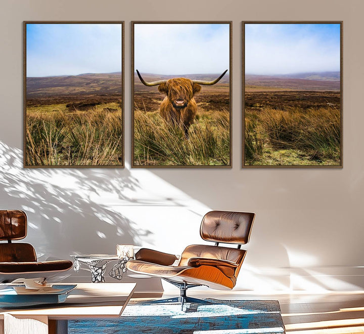 A Scottish Highland Cow art print canvas with UV-protection adorns the wall, preserving vivid details.