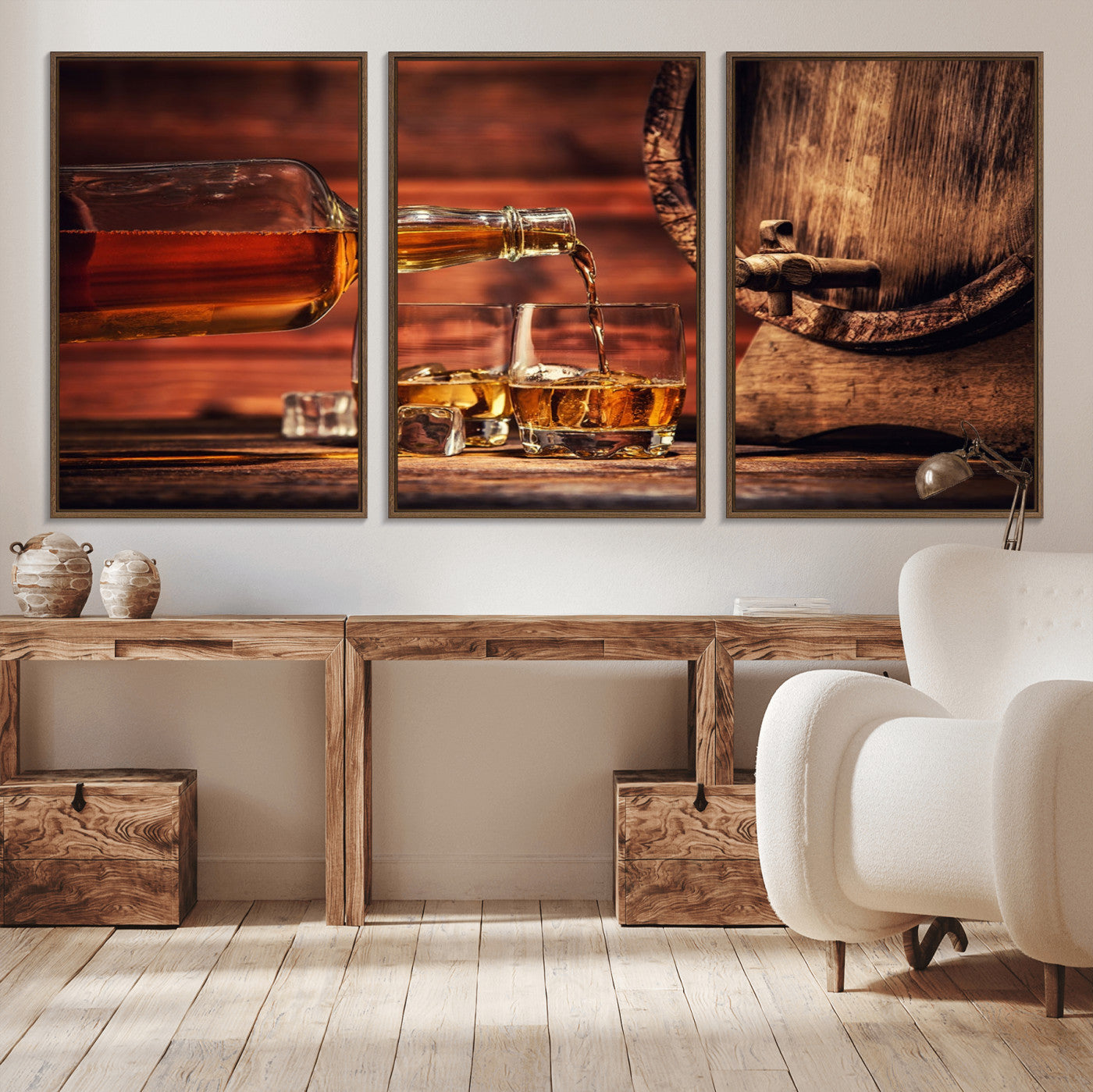 MGV-FC-60X30-3P - Whiskey and Cigar Canvas Wall Art | 3 Panel Bar Room Decor for Home Lounge, Office, or Man Cave |