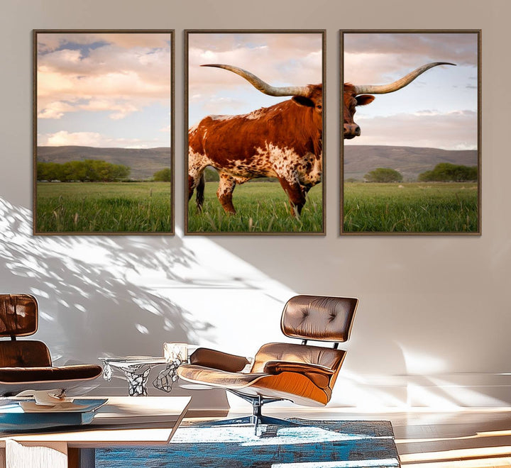 The Texas Cow Canvas Wall Art print captures a longhorn cow at sunset and is ready to hang.