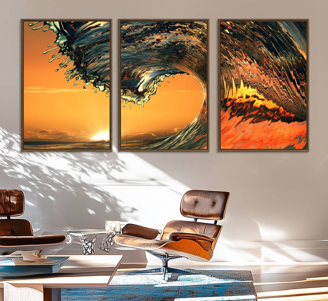 The Ocean Wave With Perfect Sunset canvas wall art adds a striking focal point to the room.