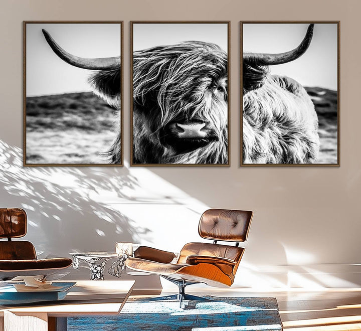 A Black and White Scottish Cow Canvas Print adorns the kitchen wall, perfect for farmhouse decor.