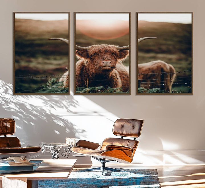 A Highland Cow Animal Canvas Wall Art, featuring a grassy field, is displayed on the wall.