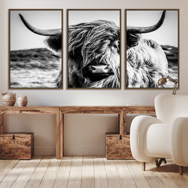 Highland Cow Wall Art | 3-Panel Black and White Highland Cow Canvas Print for Western Farmhouse Decor