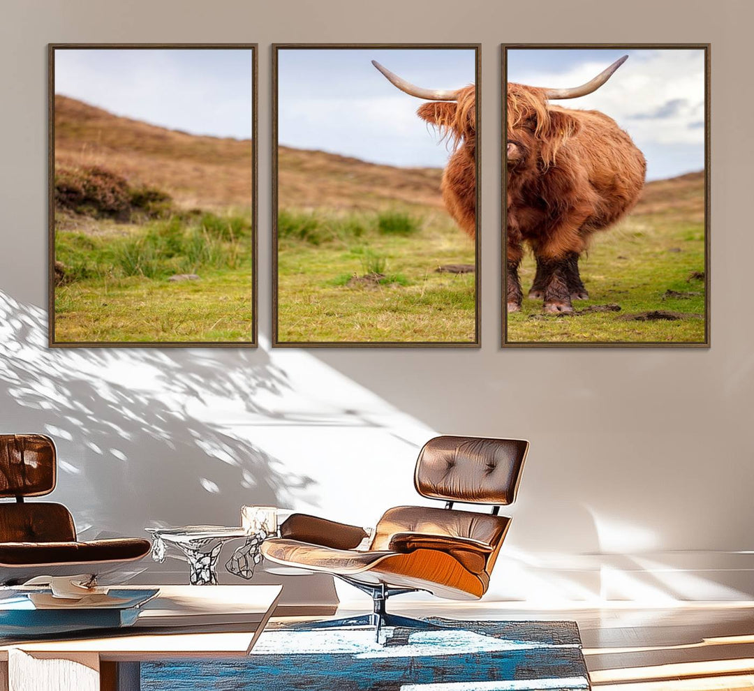 A Highland Cow Animal Canvas Wall Art hangs on the wall, adding warmth to the room.