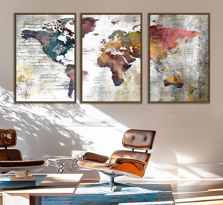 The World Map Wall Art Triptych: a 3-panel canvas featuring a vintage map.