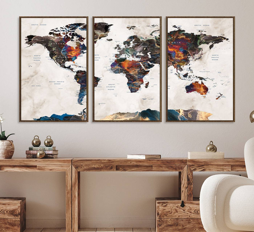 Watercolor World Map Canvas Print in earthy hues with a grunge background, ideal for wall decor.